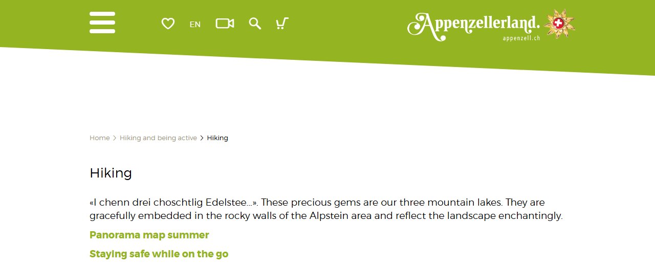 Appenzellerland official hiking page showing mountain lakes in the Alpstein, trail categories, and Appenzell Railways access information