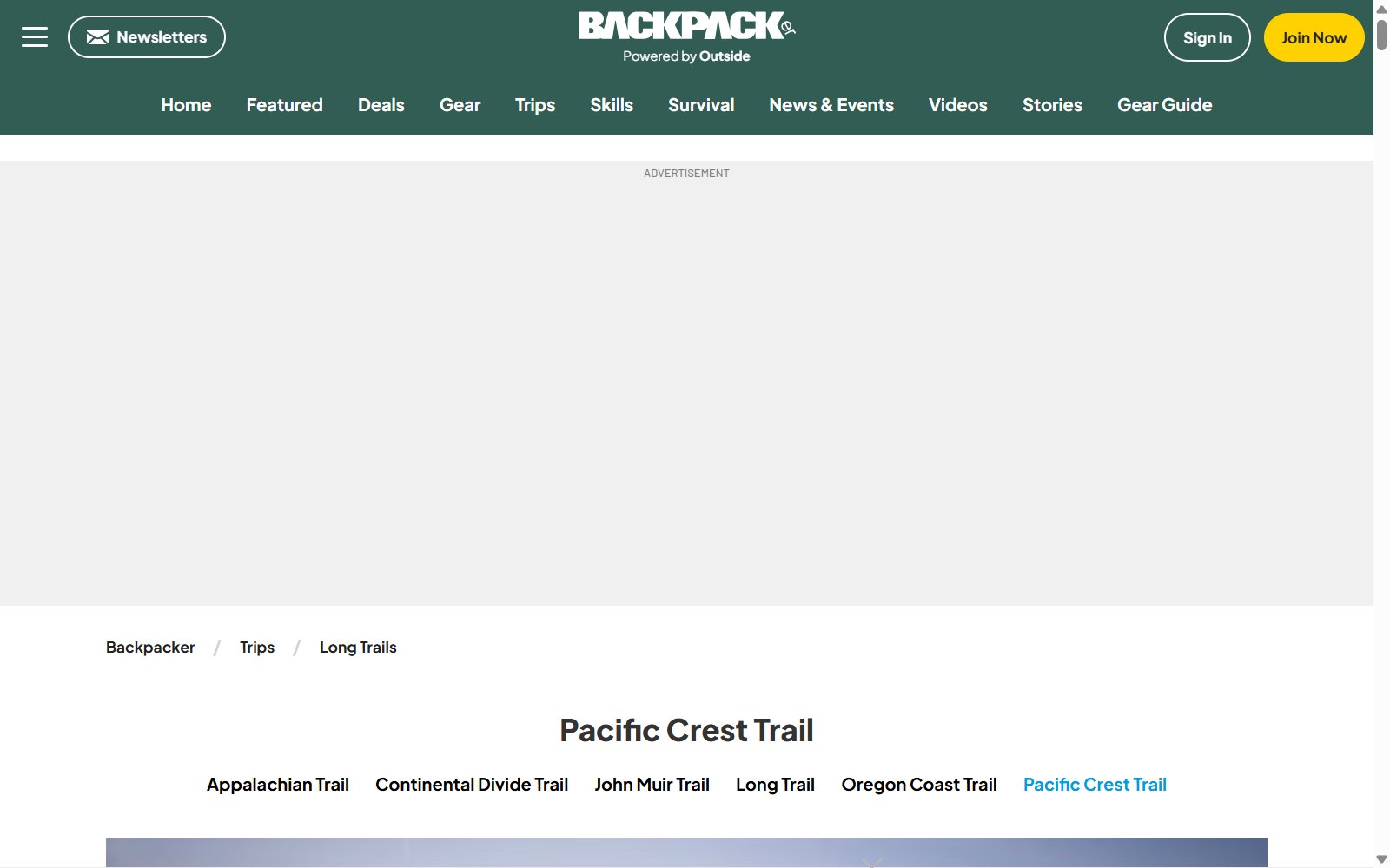 Screenshot of Backpacker Magazine PCT coverage